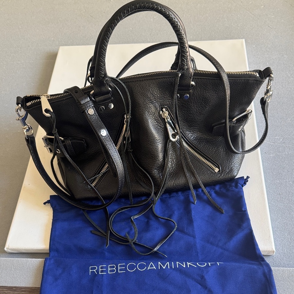 Rebecca Minkoff Black Large Pebbled Moto Leather Satchel Crossbody Silver Zipper - Picture 4 of 12